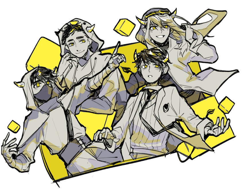 1girl, 3boys, absurdres, animal_ears, animal_hood, border, chinese_commentary, commentary_request