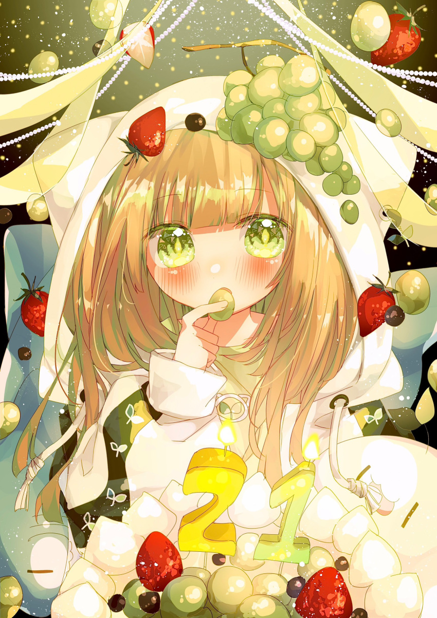 1girl, absurdres, birthday, birthday_cake, blush, cake, eating, food