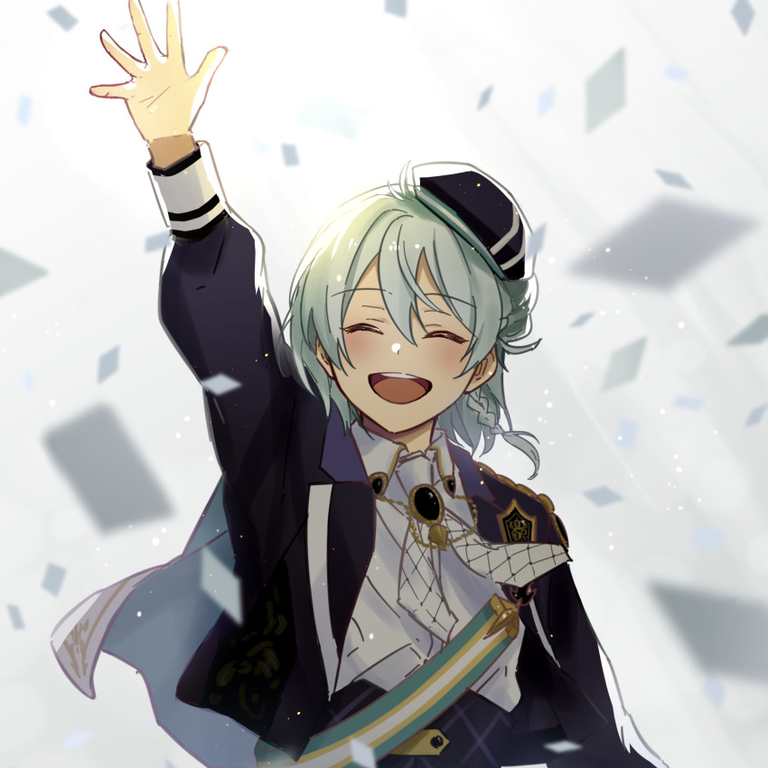 1boy, :d, ^_^, aged_down, arm_at_side, arm_up, beret, black_hat