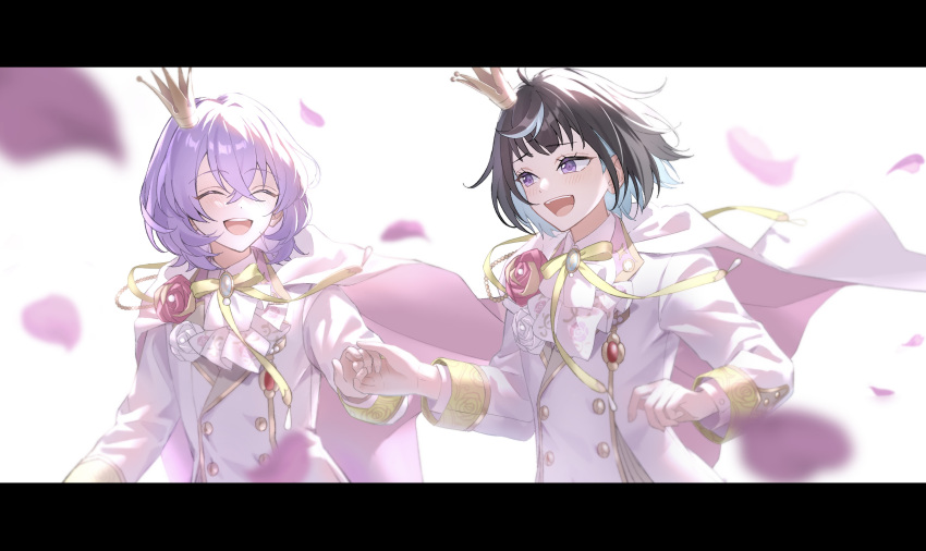 2boys, :d, absurdres, ascot, bloom, cape, crown, ensemble_stars!