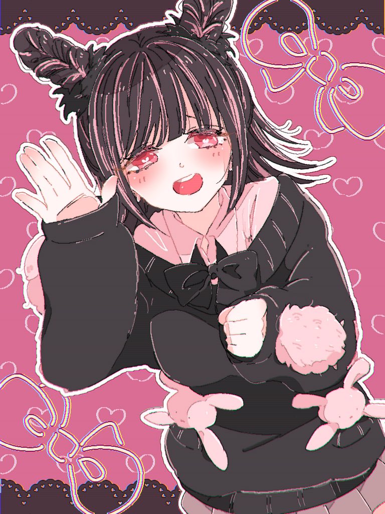 1girl, black_bow, black_bowtie, black_cardigan, blush, border, bow, bowtie