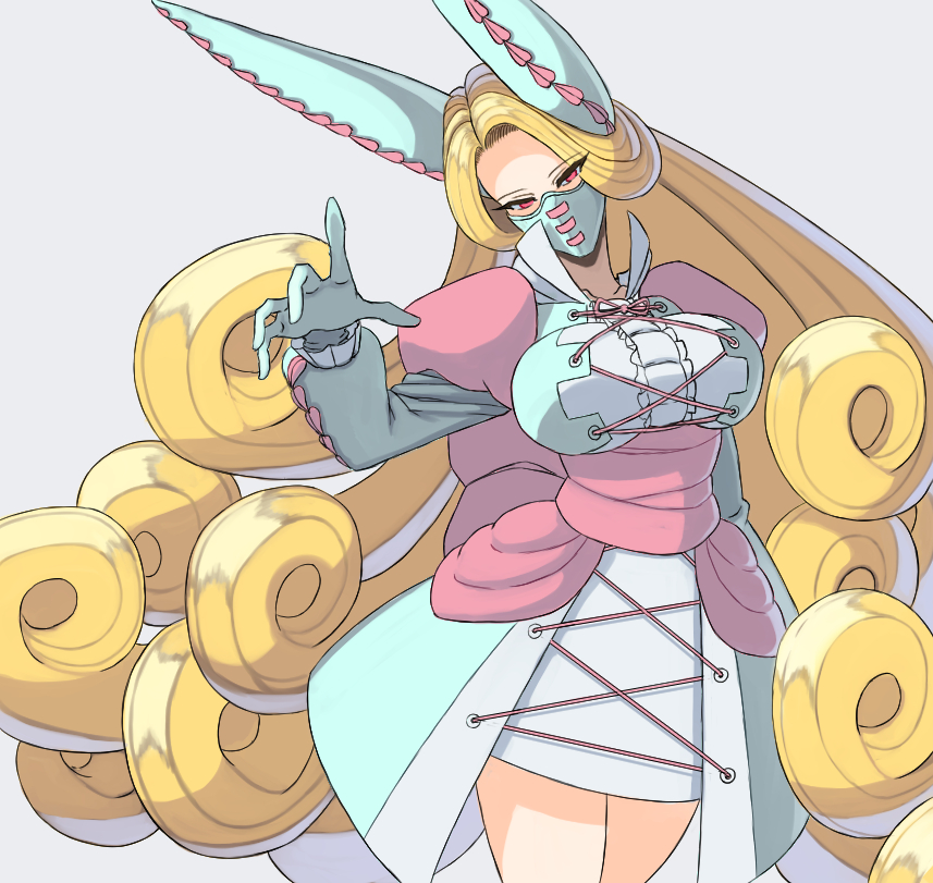 1girl, animal_ears, back_bow, blonde_hair, bow, breasts, center_frills, cross-laced_clothes