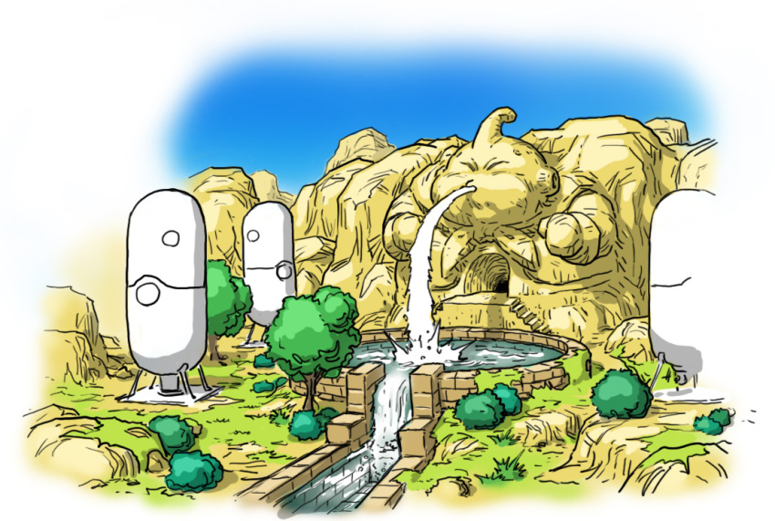 blue_sky, border, bush, canal, carving, cave, commentary_request, concept_art