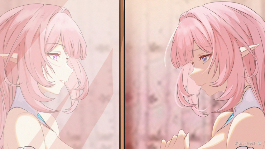 1girl, bare_shoulders, blue_eyes, closed_mouth, curtains, elf, elysia_(herrscher_of_human:_ego)_(honkai_impact), elysia_(honkai_impact)