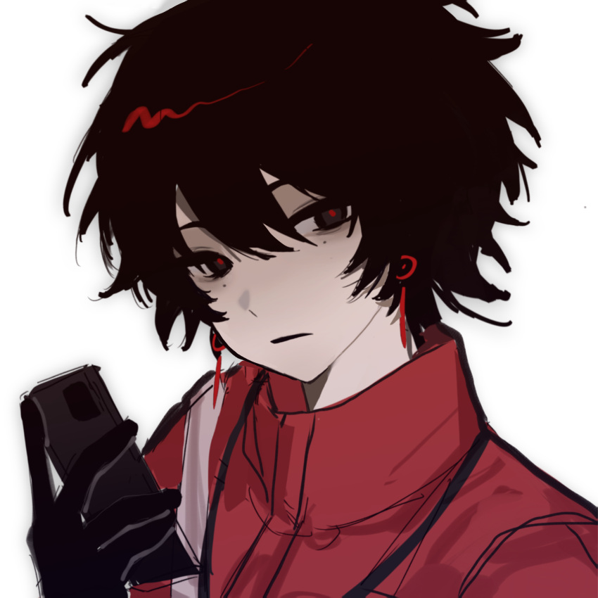 1boy, black_eyes, black_gloves, black_hair, cellphone, chinese_commentary, commentary_request, earrings, gloves, hair_between_eyes, high_collar, highres, holding, holding_phone, jacket, jewelry, kaku_(xinjinjumin3928484), li_yuting_(male), male_focus, mole, mole_under_each_eye, mole_under_eye, multiple_moles, open_mouth, phone, portrait, red_jacket, red_pupils, short_hair, simple_background, solo, touqi_guaitan, variant_set, white_background