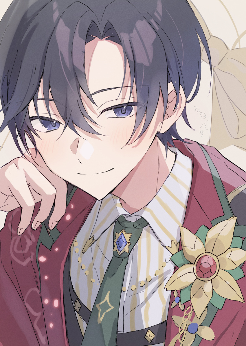 1boy, 2023, absurdres, black_hair, cheek_rest, close-up, closed_mouth, curtained_hair