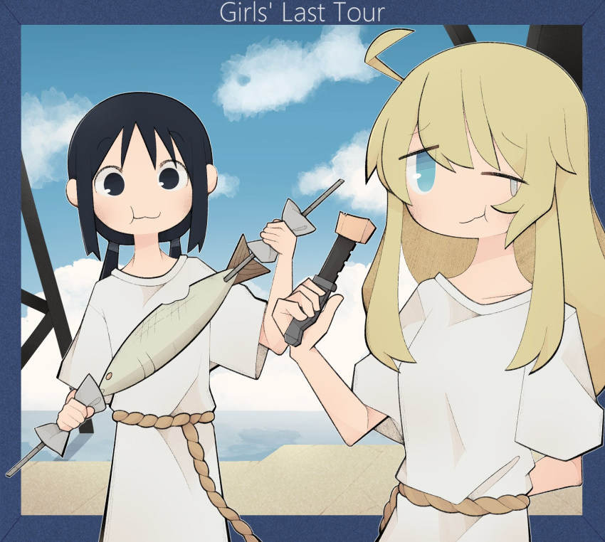 2girls, :t, ahoge, arm_behind_back, black_eyes, black_hair, blonde_hair, blue_border