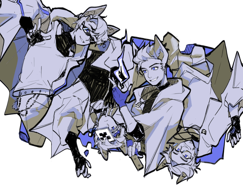 4boys, absurdres, alternate_costume, animal_ears, awesamdude, bat_boy, bat_ears, bat_wings, blue_theme, border, chinese_commentary, commentary_request, creeper, fire, highres, jewelry, kemonomimi_mode, male_focus, mask, mc_championship, minecraft, minecraft_youtube, multiple_boys, necklace, prestonplayz, quig, sketch, spot_color, sunglasses, theorionsound, tttttaniaaaaa, upside-down, white_border, wings