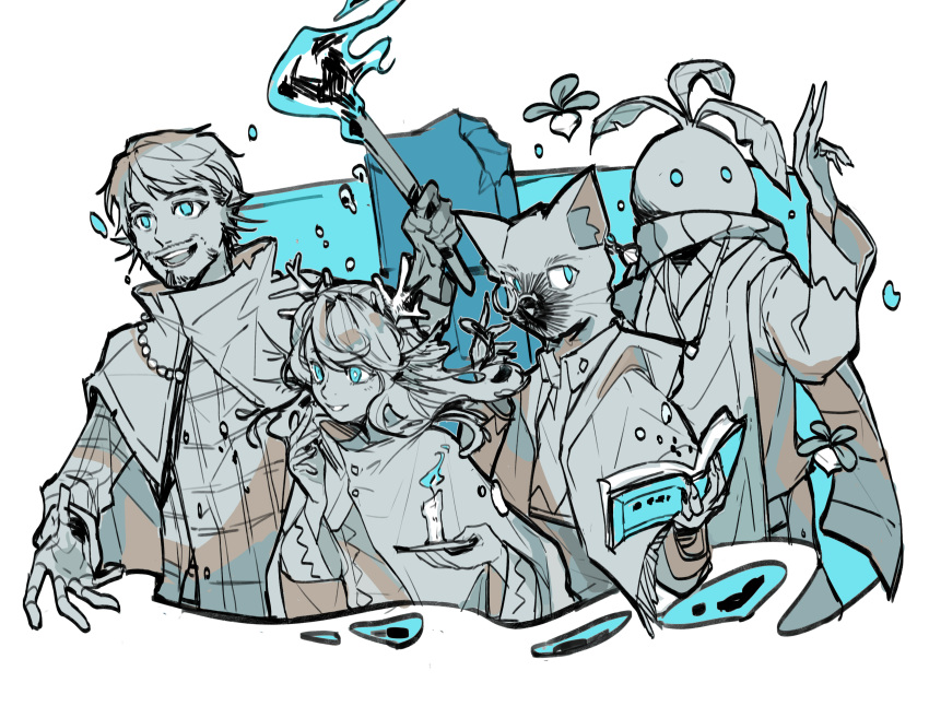 1girl, 3boys, 5up, absurdres, alternate_costume, animal_ears, antfrost, aqua_theme