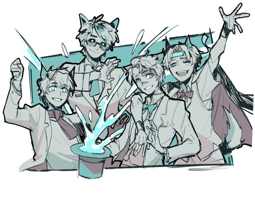 4boys, absurdres, alternate_costume, animal_ears, aqua_theme, border, bow, bowtie