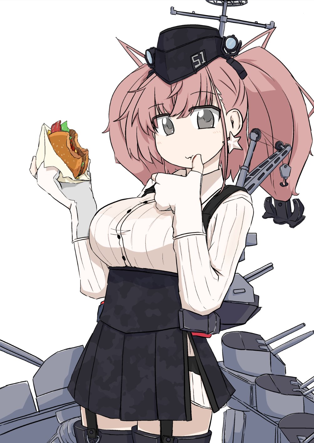 1girl, anchor_hair_ornament, atlanta_(kancolle), black_hat, black_skirt, breasts, brown_hair, burger