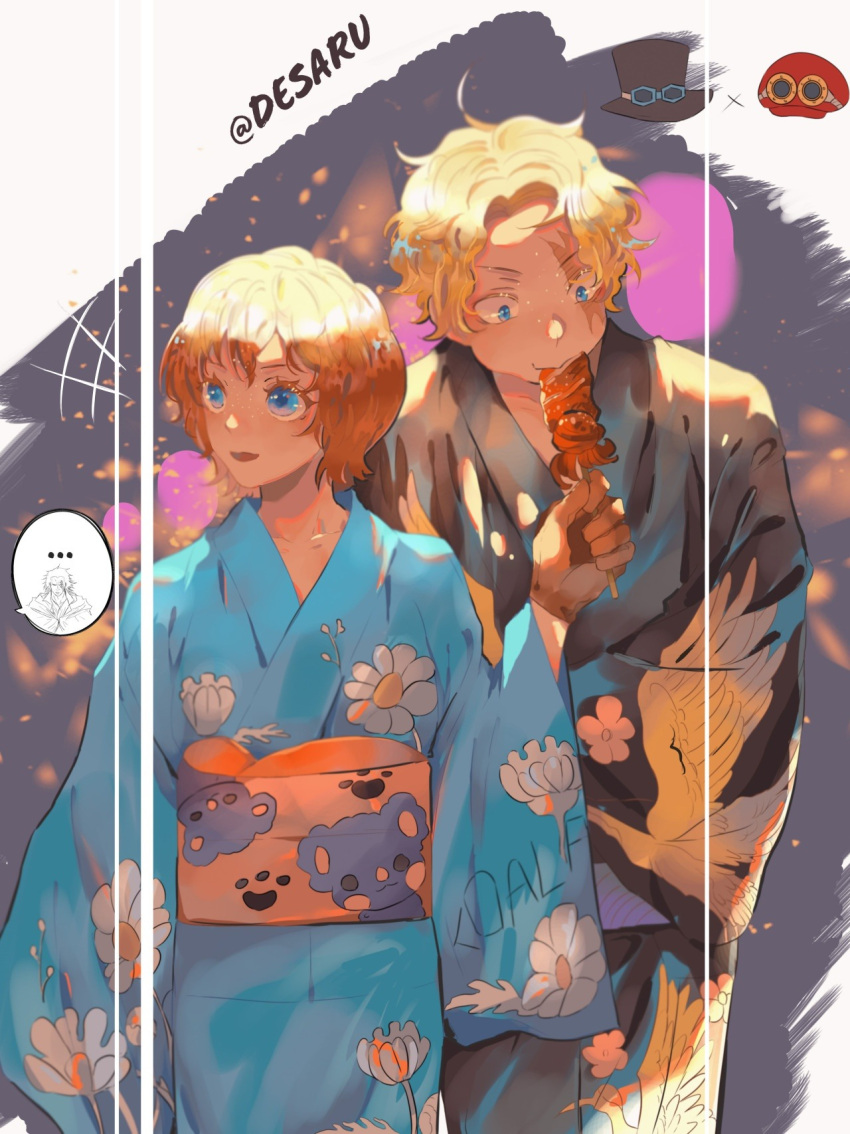 +++, 1girl, 2boys, blonde_hair, blue_eyes, blue_kimono, commentary_request, cowboy_shot