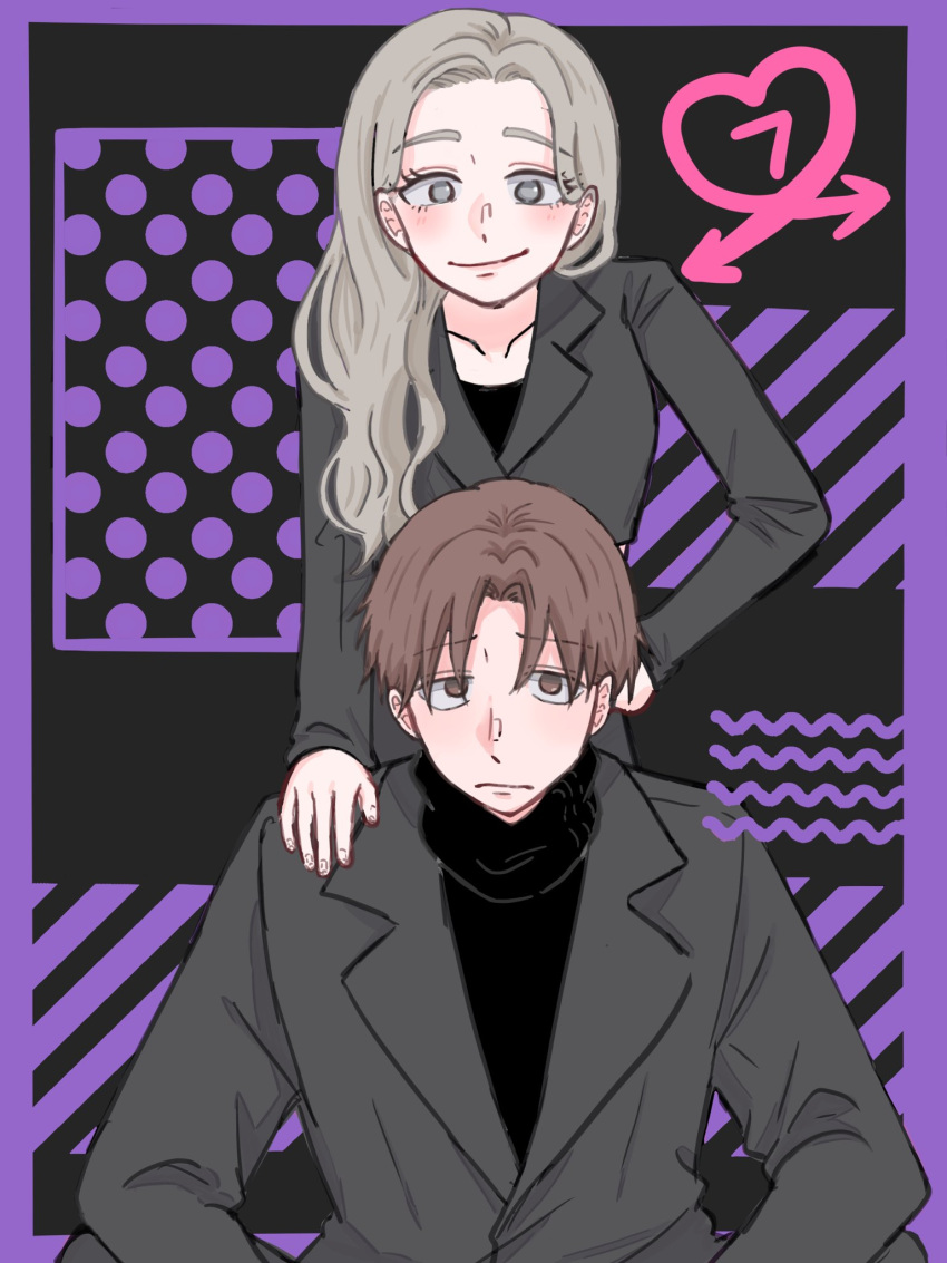 1boy, 1girl, azuma_(seihantai_na_kimi_to_boku), brown_eyes, brown_hair, grey_eyes, grey_hair, highres, jacket, seihantai_na_kimi_to_boku, suit_jacket, taira_(seihantai_na_kimi_to_boku), turtleneck