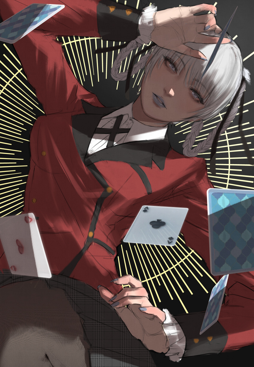 1girl, absurdres, ace_(playing_card), ace_of_clubs, ace_of_hearts, black_background, blue_eyes, blue_lips, blue_nails, braid, braided_hair_rings, breasts, buttons, card, club_(shape), collared_shirt, eyelashes, fingernails, frilled_sleeves, frills, grey_hair, heart, highres, hyakkaou_academy_school_uniform, jacket, kakegurui, lipstick, long_fingernails, looking_at_viewer, makeup, medium_breasts, momobami_kirari, nail_polish, pantyhose, parted_lips, playing_card, pleated_skirt, red_jacket, ribbon, school_uniform, shirt, sidelocks, sketch, skirt, solo, ssk06150, white_shirt