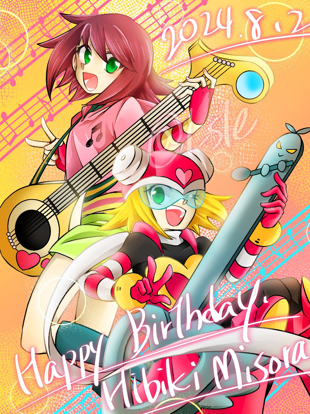 1girl, assault_visor, black_bodysuit, blonde_hair, bodysuit, character_name, green_eyes, guitar