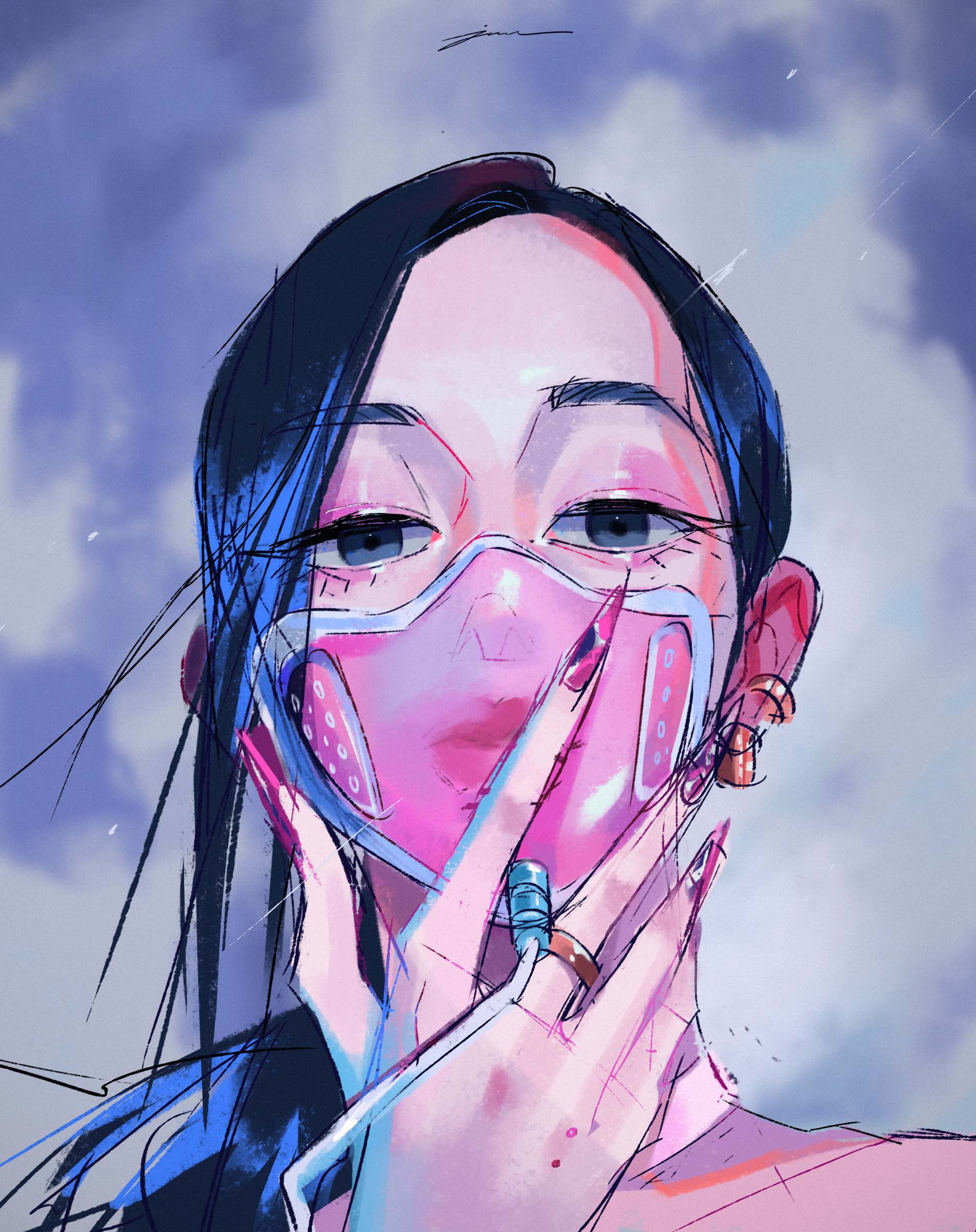 1girl, absurdres, akairingo06, black_eyes, blackpink, blue_hair, commentary, earrings