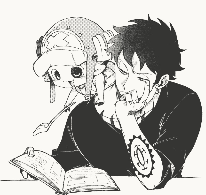 2boys, antlers, arm_tattoo, book, cross, facial_hair, goatee, greyscale, hand_on_own_face, hat, highres, horns, karrrrrrrps, male_focus, monochrome, multiple_boys, on_shoulder, one_piece, reindeer_antlers, shirt, short_hair, smile, tattoo, tony_tony_chopper, trafalgar_law, upper_body