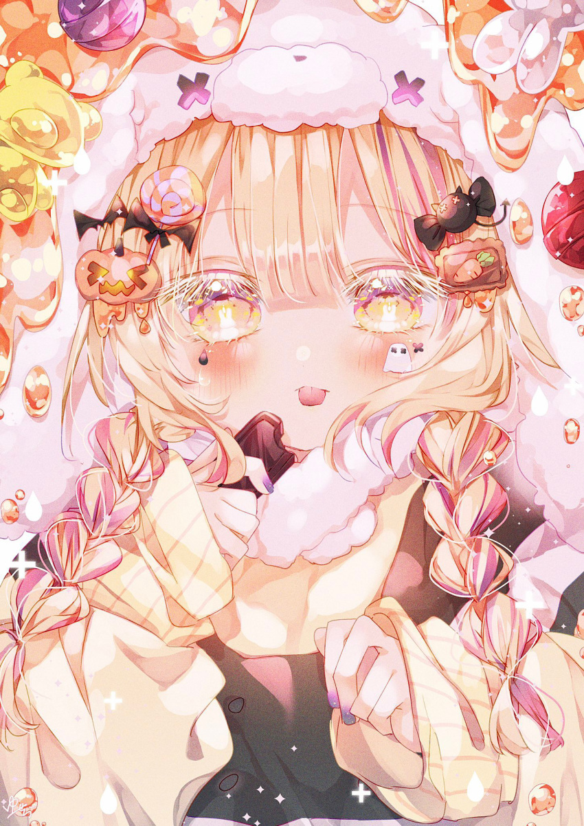 1girl, :p, bat_hair_ornament, blonde_hair, blush, braid, chocolate, double-parted_bangs