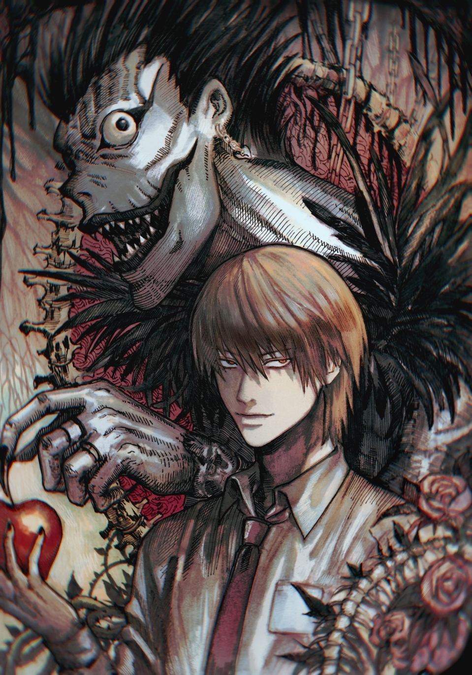 2boys, araken, black_hair, brown_hair, chain, closed_mouth, death_note, earrings, feathers, flower, hair_between_eyes, highres, holding, jewelry, long_bangs, long_sleeves, looking_at_viewer, male_focus, multiple_boys, necktie, red_necktie, ring, rose, ryuk, shinigami, shirt, short_hair, single_earring, smile, teeth, white_shirt, yagami_light