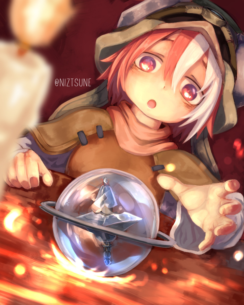 1girl, artist_name, bags_under_eyes, brown_capelet, brown_shirt, candle, capelet, hair_between_eyes