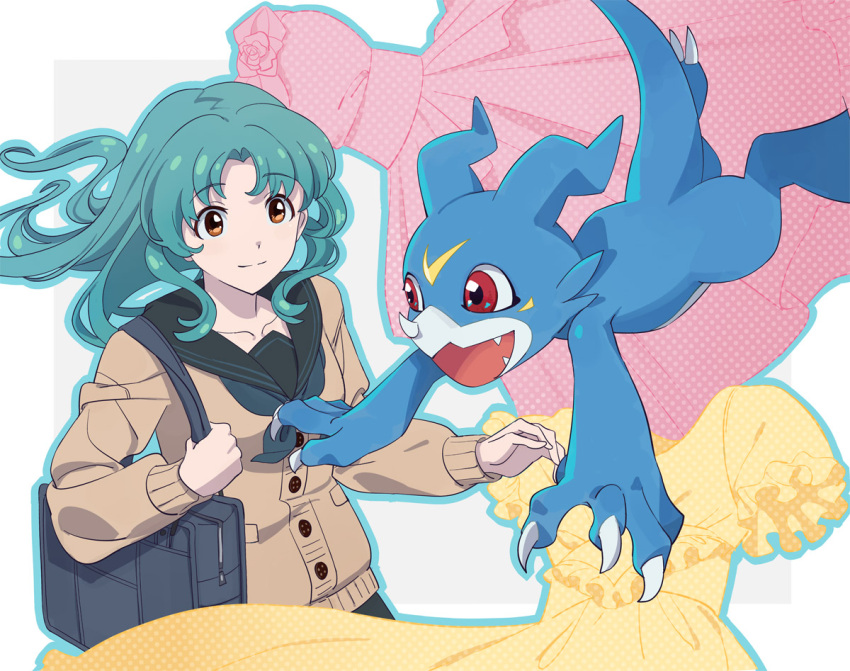 1girl, blue_skin, brown_jacket, collarbone, colored_skin, commission, crossover, digimon