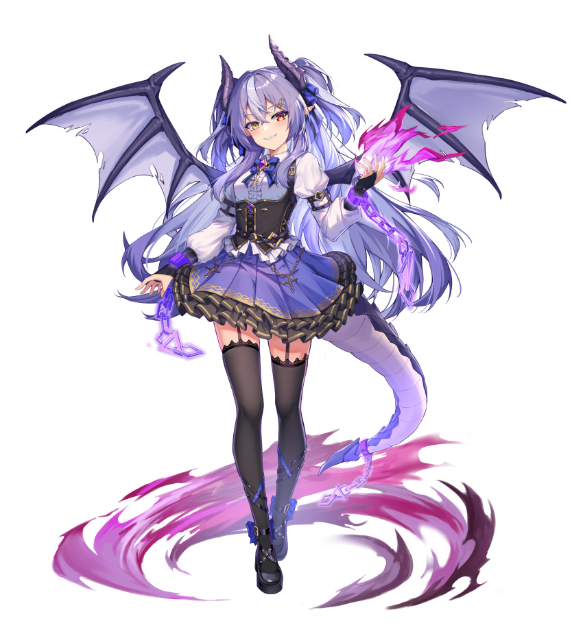 1girl, absurdres, black_thighhighs, chain, dragon_girl, dragon_horns, dragon_tail, dragon_wings