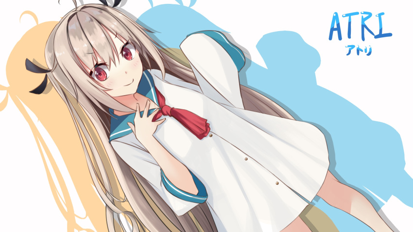 >:), 1girl, ahoge, atri, atri-my_dear_moments-, black_ribbon, blue_sailor_collar, blush