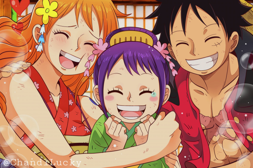 1girl, 2boys, abs, bare_shoulders, black_coat, black_hair, blurry, blurry_background