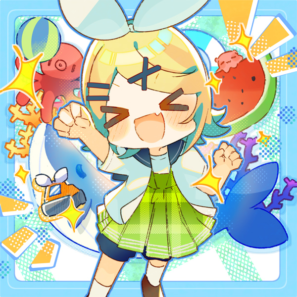 >_<, 1girl, arm_up, ball, beachball, blonde_hair, blush, bow
