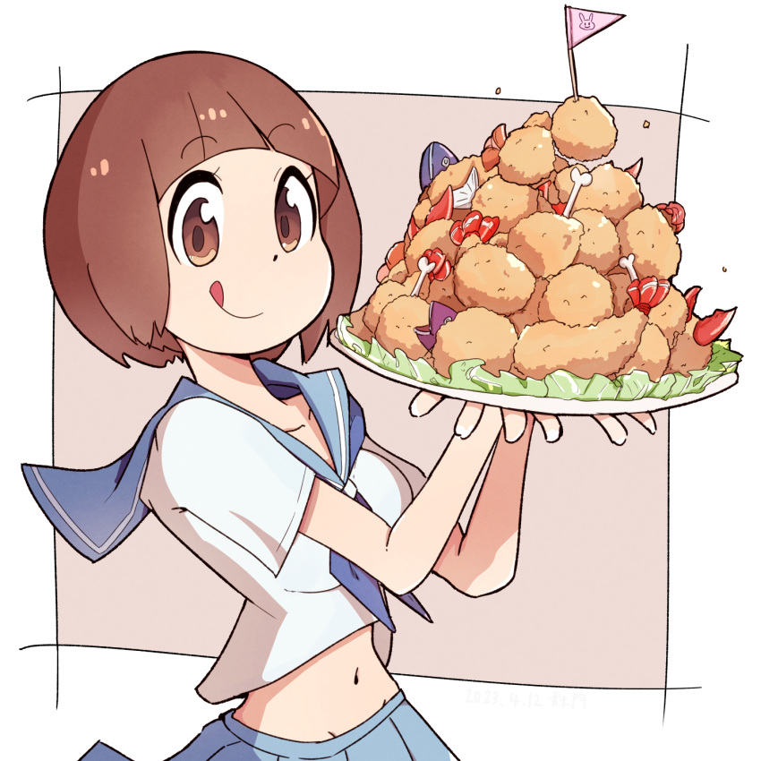 1girl, :p, blue_sailor_collar, blue_skirt, bluearcadegames, blunt_bangs, bone, bowl_cut