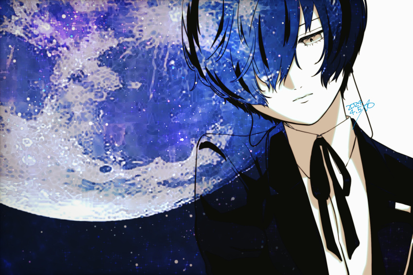 1boy, alternate_eye_color, black_jacket, blue_hair, brown_eyes, closed_mouth, collared_shirt, commentary