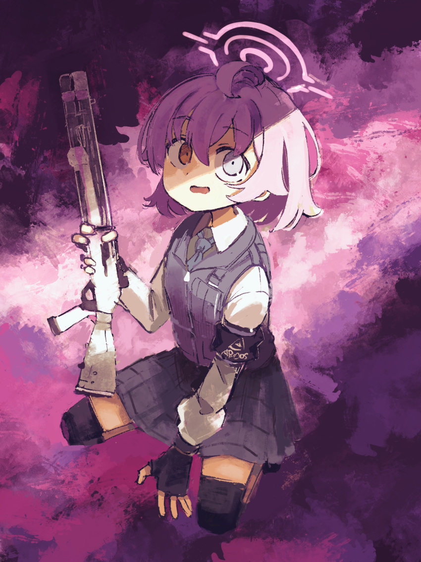 1girl, absurdres, ahoge, armband, black_skirt, blue_archive, bulletproof_vest, collared_shirt