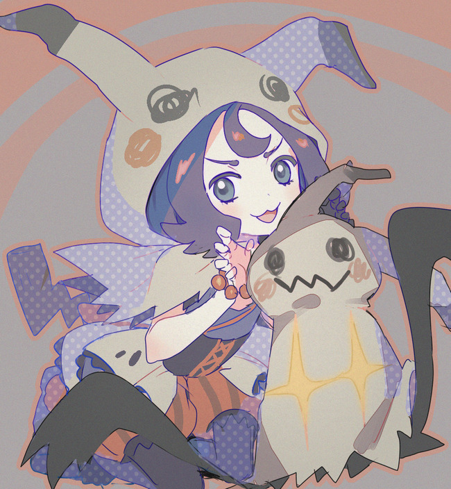 1girl, :d, acerola_(fall_2020)_(pokemon), acerola_(pokemon), bead_bracelet, beads, black_pantyhose, bracelet, capelet, claw_pose, commentary_request, eyelashes, gloves, hands_up, hood, hood_up, hooded_capelet, jewelry, kneeling, looking_at_viewer, mimikyu, mxkjxm_(nhss2337), official_alternate_costume, open_mouth, orange_shorts, pantyhose, pokemon, pokemon_(creature), pokemon_masters_ex, shorts, single_glove, smile, striped_clothes, striped_shorts, vertical-striped_clothes, vertical-striped_shorts
