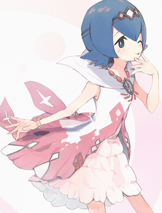 1girl, ;), blue_hair, bracelet, bright_pupils, closed_mouth, commentary_request, dress