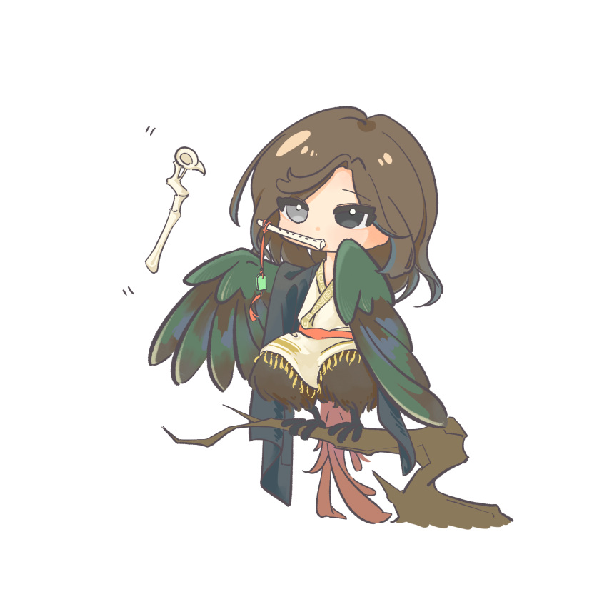 1boy, animal_feet, bird_legs, bird_tail, bird_wings, black_eyes, branch, brown_hair