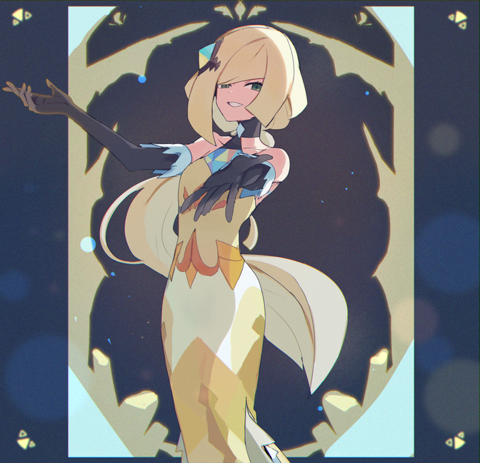 1girl, bare_shoulders, black_gloves, blonde_hair, blunt_bangs, collarbone, commentary_request, dress, elbow_gloves, eyelashes, gloves, green_eyes, grin, long_hair, lusamine_(pokemon), lusamine_(sygna_suit)_(pokemon), mxkjxm_(nhss2337), official_alternate_costume, pokemon, pokemon_masters_ex, sleeveless, sleeveless_dress, smile, solo, teeth, yellow_dress