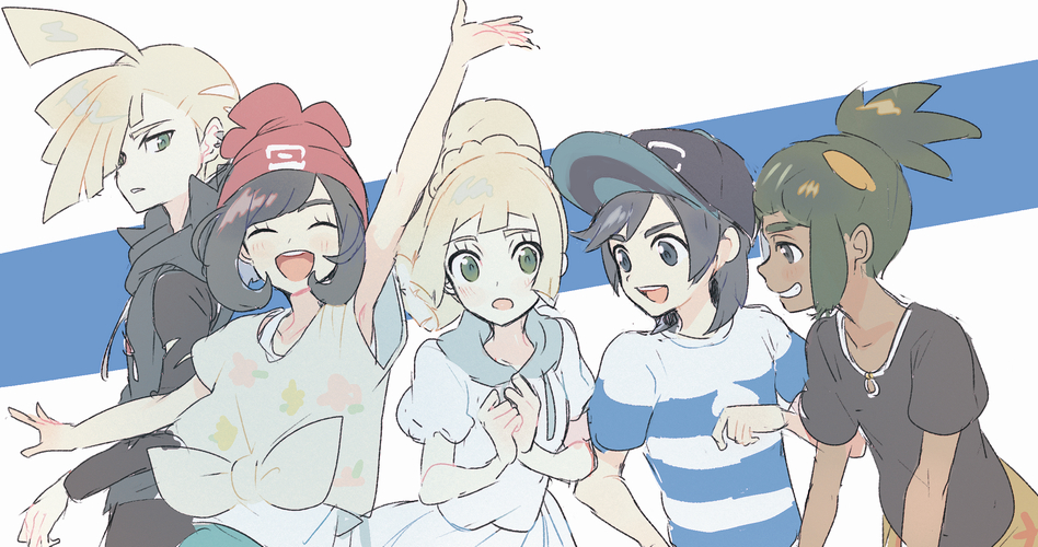 2girls, 3boys, :d, ahoge, arm_up, beanie, blonde_hair, blush