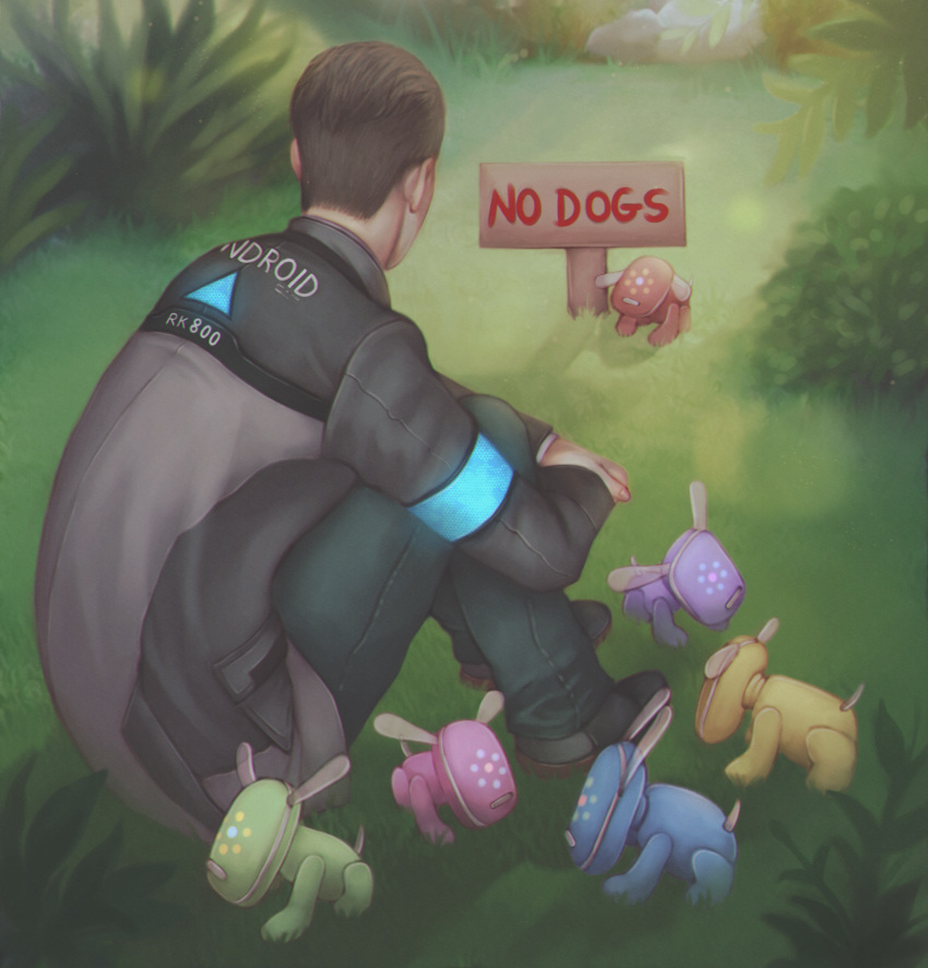 1boy, absurdres, bush, connor_(detroit), detroit:_become_human, dog, from_behind, grass, highres, idog, idog_(brand), male_focus, noxpetalis, outdoors, painterly, pants, realistic, sega, shoes, sign, sitting, solo, toy