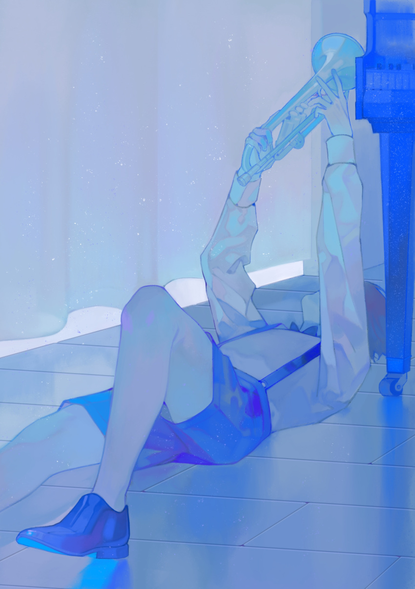 1boy, absurdres, blue_theme, chinese_commentary, commentary, covered_face, curtains, facing_object