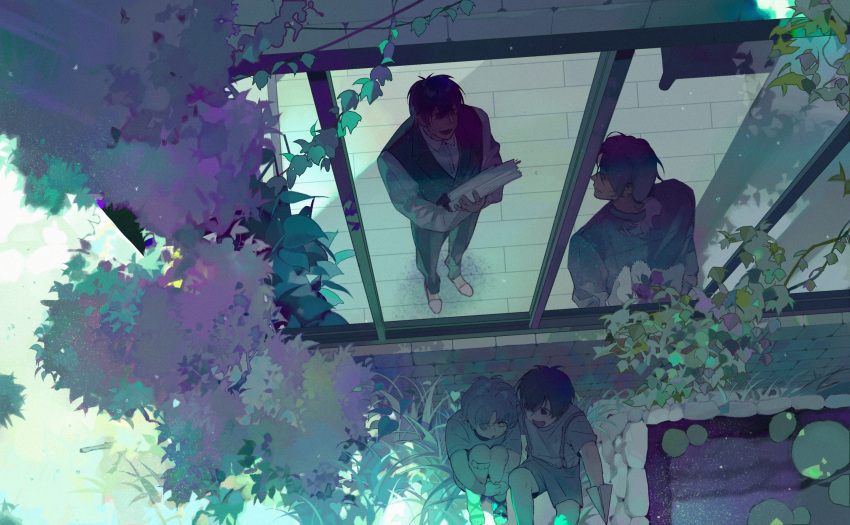 4boys, age_difference, child, chinese_commentary, commentary, dual_persona, foliage, from_above