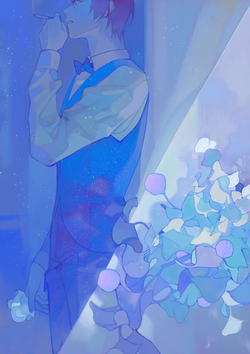 1boy, absurdres, blue_theme, bow, bowtie, commentary, cowboy_shot, curtains