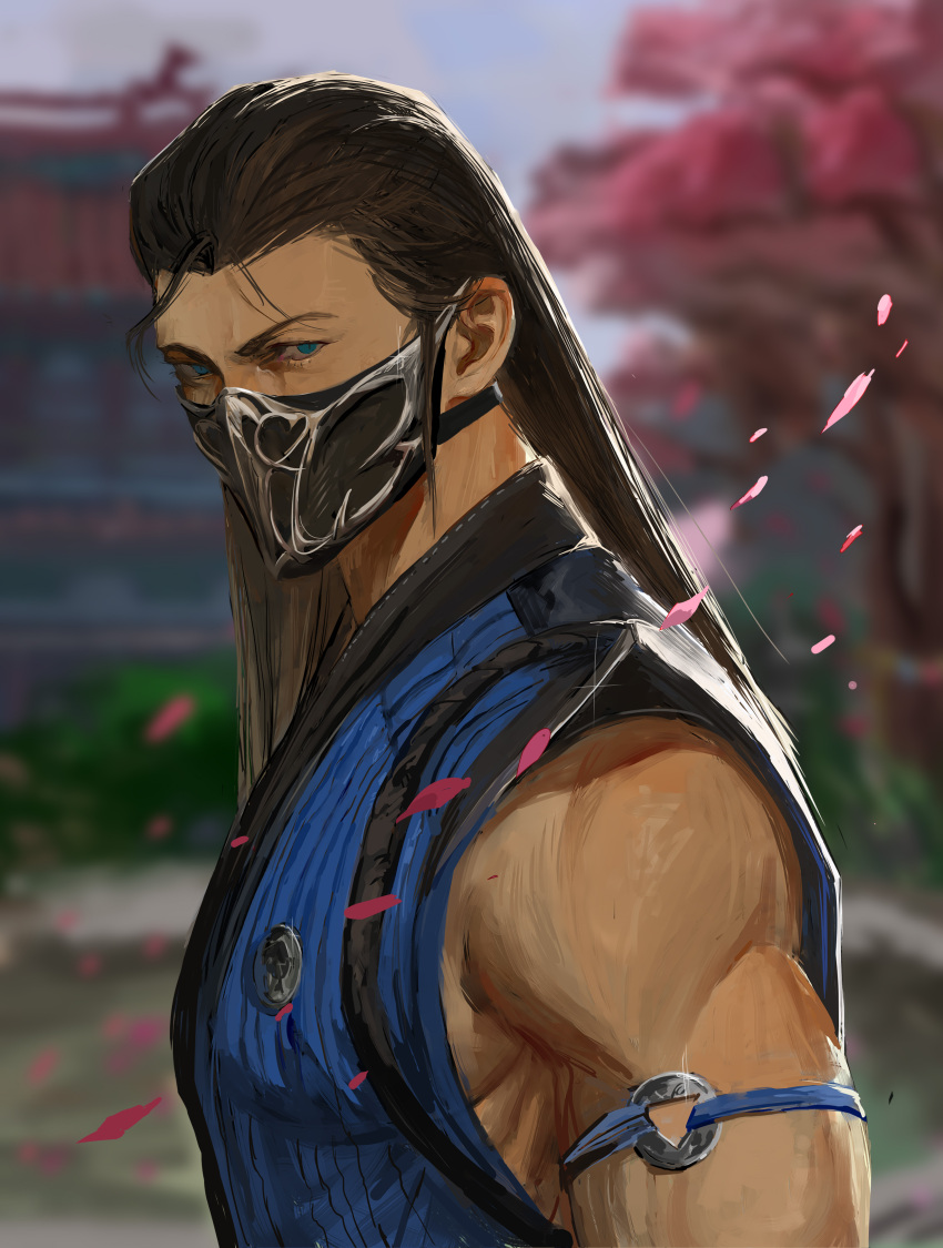 1boy, absurdres, armlet, bi-han, black_mask, blue_eyes, blurry, blurry_background