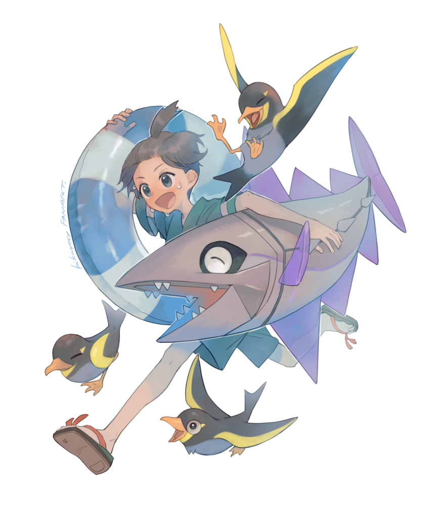 1boy, bird, commentary_request, florian_(pokemon), green_shirt, green_shorts, grey_eyes, happy