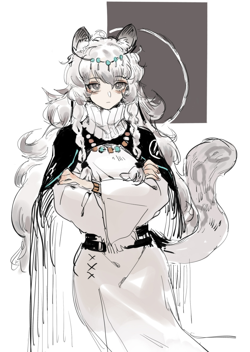 1girl, absurdres, animal_ear_fluff, animal_ears, arknights, braid, bright_pupils, cape, closed_mouth, crossed_arms, dress, grey_eyes, grey_hair, hair_between_eyes, highres, jewelry, linghe_linhoo, long_hair, long_sleeves, medium_bangs, multicolored_hair, necklace, pale_skin, pramanix_(arknights), side_braids, sketch, snow_leopard_ears, snow_leopard_girl, snow_leopard_tail, solo, spotted_tail, tail, twin_braids, very_long_hair, white_hair, white_pupils, wide_sleeves
