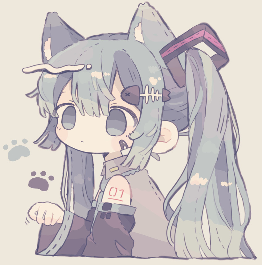 1girl, animal_ears, animal_print, arm_tattoo, bandaid, bandaid_on_face, black_sleeves, cat_ears, collared_shirt, detached_sleeves, frilled_shirt_collar, frills, hair_ornament, hatsune_miku, highres, kanato345, long_hair, long_sleeves, paw_pose, shirt, sidelocks, solo, tattoo, twintails, upper_body, very_long_hair, vocaloid