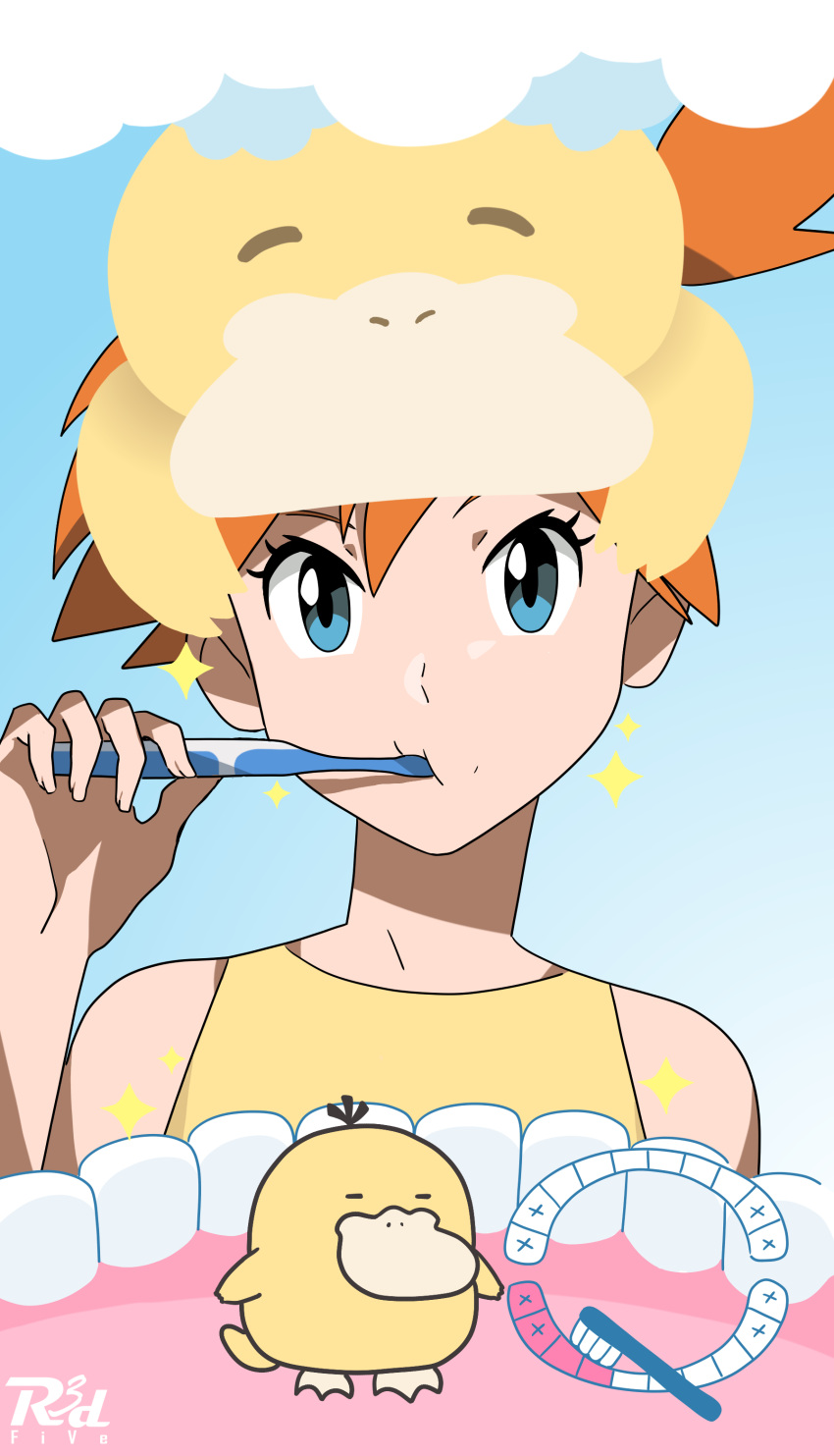 1girl, absurdres, artist_logo, blue_eyes, brushing_teeth, gameplay_mechanics, gradient_background, highres, holding, holding_toothbrush, looking_at_viewer, misty_(pokemon), orange_hair, pokemon, pokemon_(creature), pokemon_smile, psyduck, r3dfive, shirt, side_ponytail, sleeveless, sleeveless_shirt, sparkle, teeth, toothbrush, upper_body