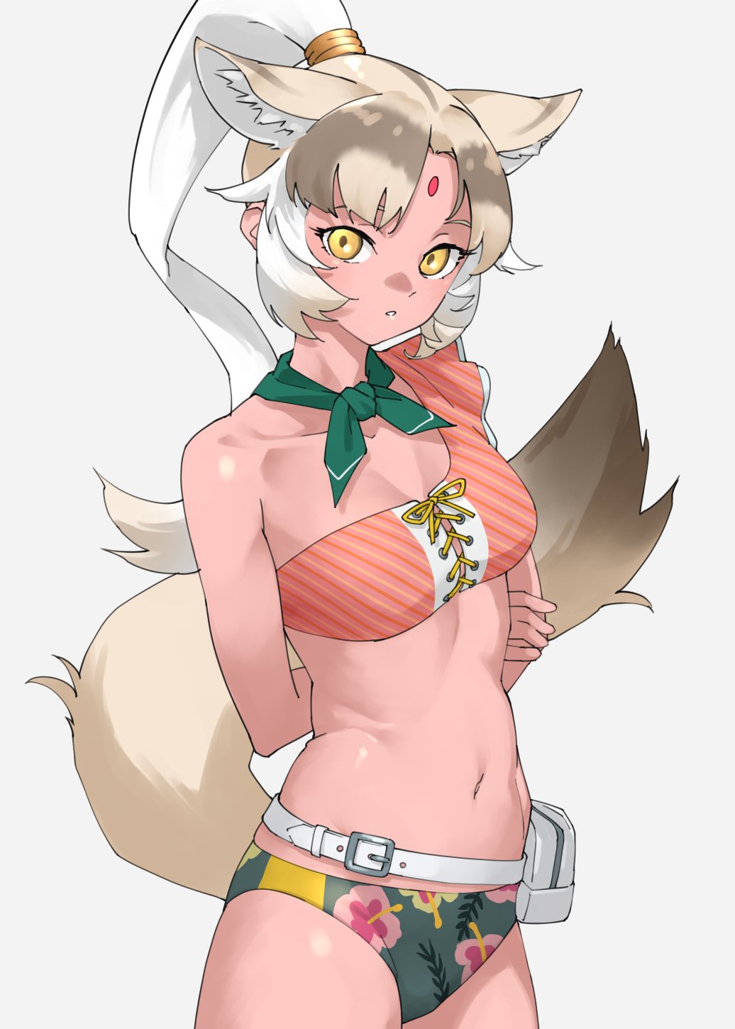 1girl, animal_ears, bare_shoulders, bikini, brown_hair, collarbone, cowboy_shot, extra_ears