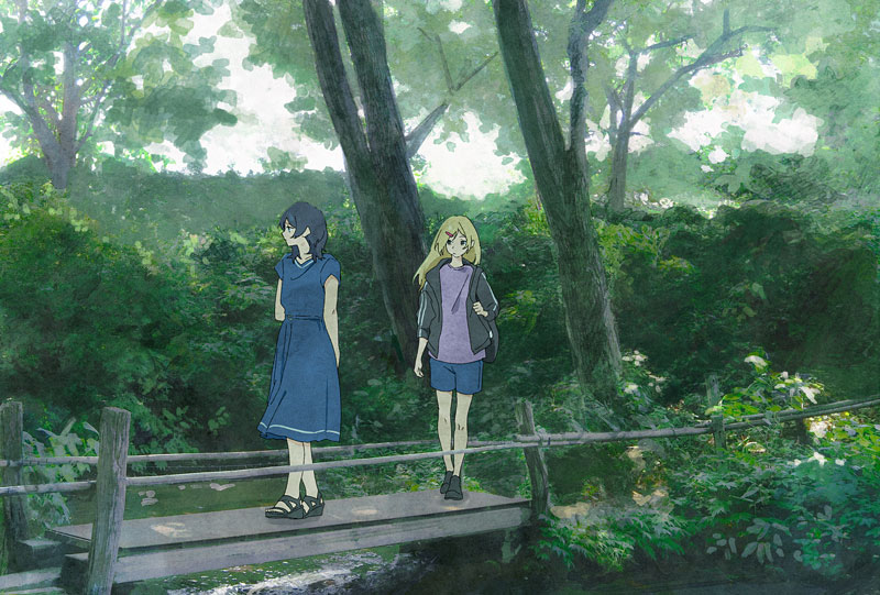 2girls, arima_haruka, arms_behind_back, black_footwear, black_hair, black_jacket, blonde_hair, blue_dress