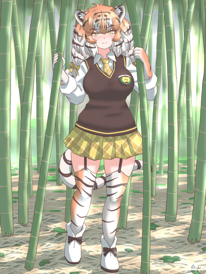 1girl, animal_ears, animal_print, bamboo, bamboo_forest, blush, boots, brown_hair