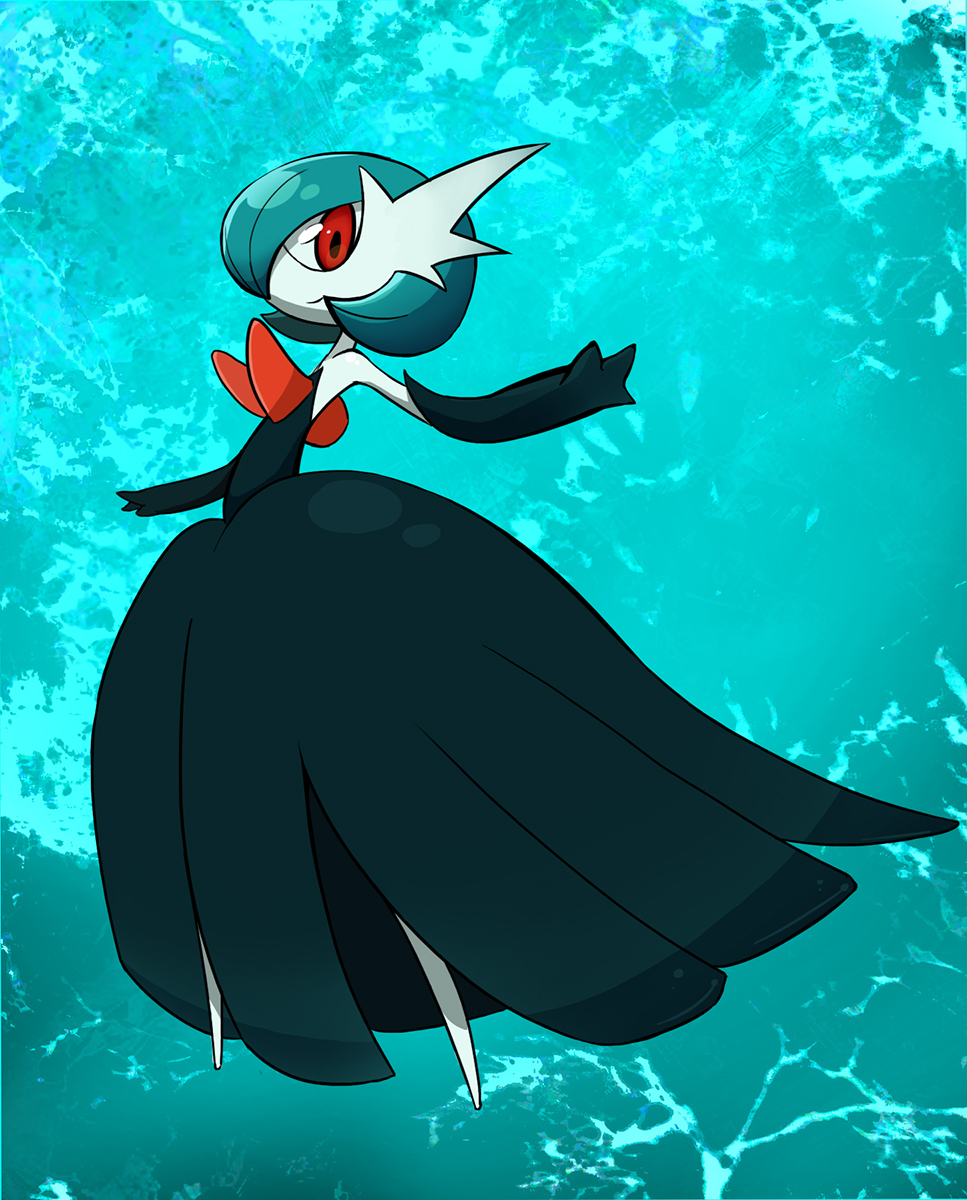 alternate_color, black_dress, black_gloves, blue_background, blue_hair, bob_cut, colored_skin, dress